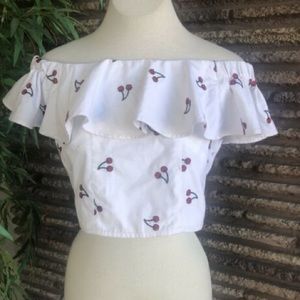 Topshop White Red Cherries Off Shoulder Ruffled Crop Top Size 6 Retro